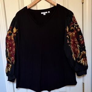 Chico's Black Blouse with Red and Gold Peacocks embroidered on sleeve. Size XL.